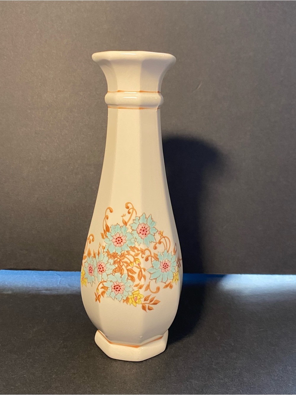 Vintage FTD 1983 Floral Ivory Ceramic Bud Vase with Pastel Blue Flowers